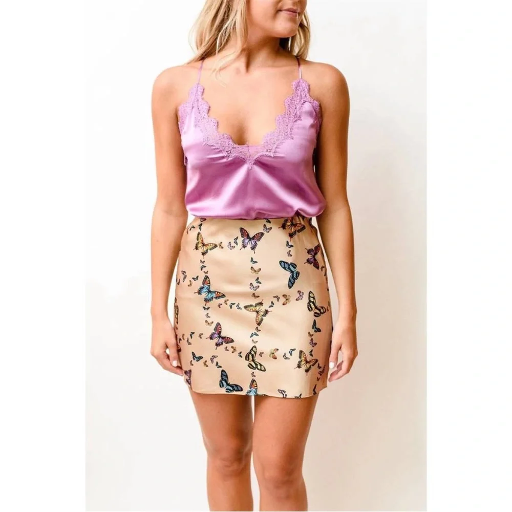 Cami NYC Aviva Butterfly Print Silk Charmeuse Beige Mini Skirt - Picture 2 of 11